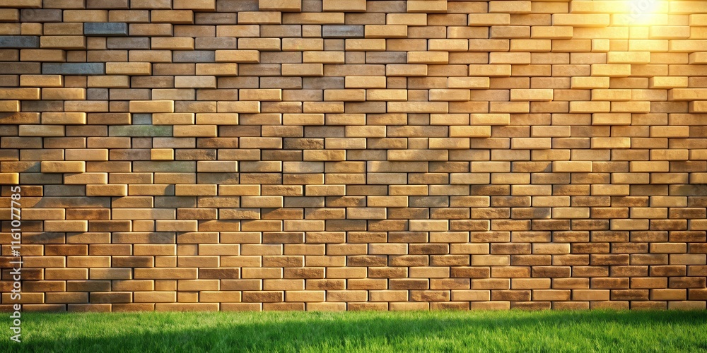 Aufkleber a rustic brick wall bathed in the warm glow of the setting sun, with a lush patch of grass in the fo