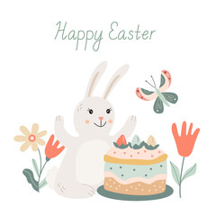 Happy Easter greeting card with a cute smiling bunny, an easter cake,  a butterfly and flowers. Vector illustration and lettering hand drawn flat style, pastel colors