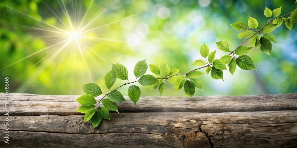 Poster Sunlight Filtering Through Lush Greenery Illuminates a Weathered Wooden Surface, Creating a Serene and Tranquil Atmosphere