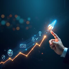 Hand pointing to rocket launch symbolizing business growth and innovation on transparent background