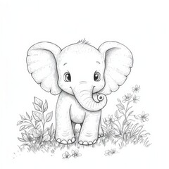 Obraz premium Adorable Baby Elephant: A sweet and charming illustration of a baby elephant standing in a field of flowers. Perfect for children's books, nursery decor, and animal lovers. 