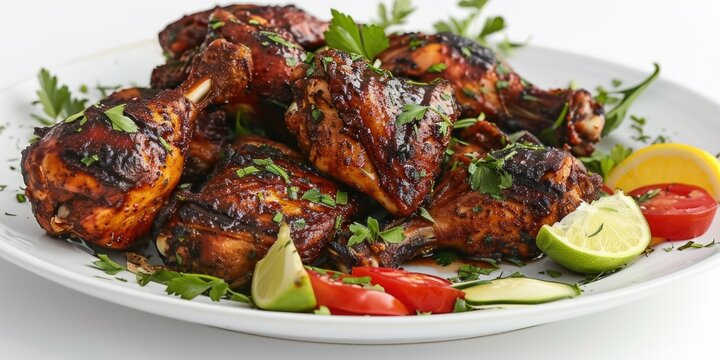 Delicious, spicy, juicy BBQ chicken wings on a plate served with vegetables as garnish.