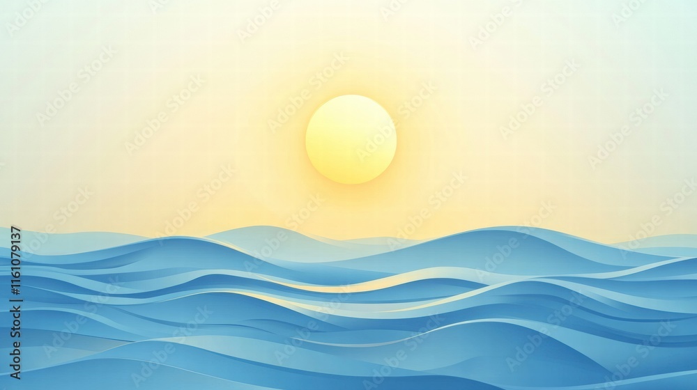 Aufkleber Stylized sun setting over soft waves with ample copy space for text and creative uses. Generative AI
