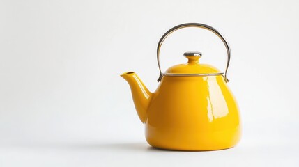 Bright yellow kettle with silver handle isolated on a clean white background modern kitchenware design home decor concept.