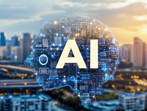 futuristic representation of artificial intelligence with city skyline. image features digital brain outline filled with circuits and letters AI prominently displayed