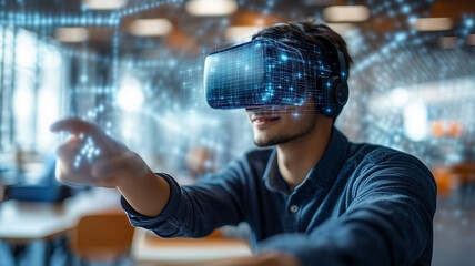 college student wearing VR headset engages with virtual reality technology, exploring immersive experiences in modern setting. atmosphere is vibrant and futuristic