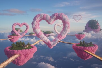 Floating islands with heart-shaped clouds in a dreamy sky.