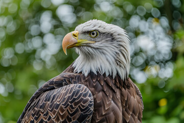 Large eagle is standing on a green field.