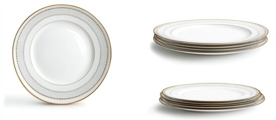 Stacked porcelain plates with elegant rim detailing isolated on white background ideal for dining or decorative use with blank space for text