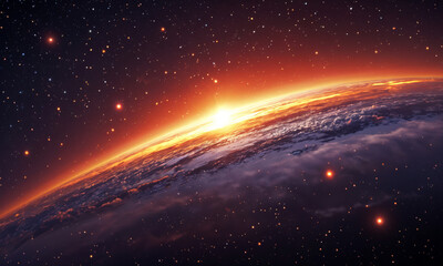 A breathtaking view of a sunrise over a planet with glowing clouds, bathed in golden light. The image captures the vastness of space and the awe-inspiring beauty of our universe.