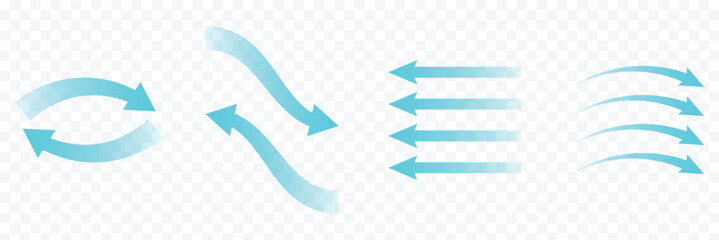 Air flow arrow. Set of blue arrows showing direction of air movement. Air flow isolated on white background.