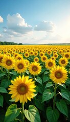 Fototapeta premium A vast expanse of sunflowers stretches towards the horizon, nature, sunflowers, countryside