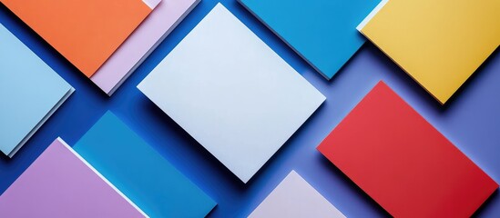 Colorful stack of blank vertical business cards on a blue background ready for text personalization and branding needs