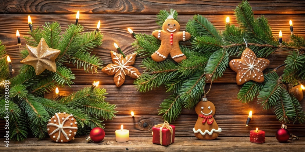 Poster festive gingerbread ornaments and candles on a rustic wooden background with twinkling lights and ev
