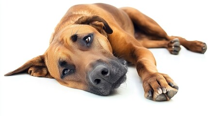 Obraz premium Stressed Rhodesian Ridgeback Dog Relaxing on White Background with Droopy Ears and Sad Expression