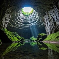 Sunlit Cave with Moss and Water