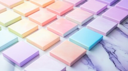 Fototapeta premium Pastel gradient squares softly illuminating a marble surface creating a serene and elegant visual composition for design purposes