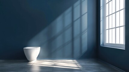 Modern bathroom design featuring a white toilet bowl on grey tile floor against dark blue walls and natural light from a window.