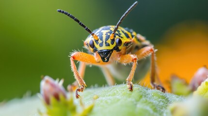 Fototapeta premium Close-up of a vibrant insect on foliage highlighting the challenges in pest control and the importance of insect recognition in management efforts