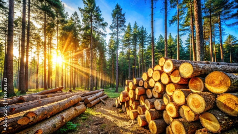 Poster sunlight streams through a forest of tall trees, illuminating a pile of freshly cut logs, a testamen