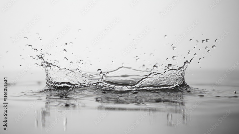 Poster raindrops creating dynamic splashes in water on a minimalistic white background illustrating fluid m