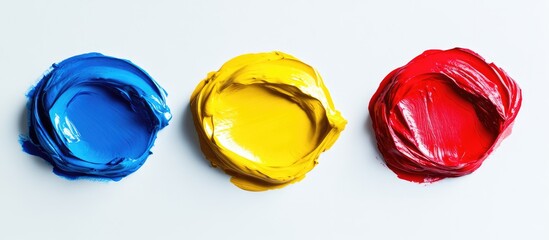Vibrant top view of three oil paint blobs in blue yellow and red arranged on white background with space for creative text or design.elements