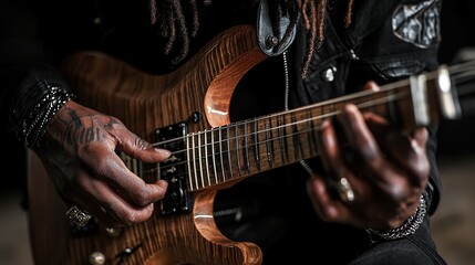 Fototapeta premium Musician carefully tunes guitar while preparing for performance in a studio