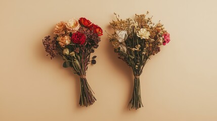 Obraz premium Two Vintage Bouquets of Fading Flowers against a Soft Beige Backdrop Capturing the Beauty of Impermanence and Nostalgia