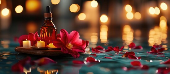 Aromatic oils and vibrant flower petals create a tranquil wellness scene with soft candlelight and empty space for text overlay