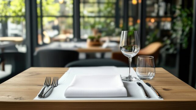 Elegant dining table setup with cutlery, glassware, and napkin on a wooden table in a modern restaurant setting