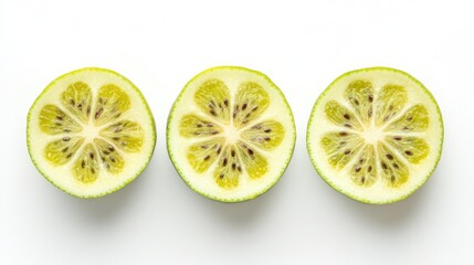 Freshly Sliced Knobby Lime Fruit Showcasing Unique Texture and Color Isolated on Clean White Surface