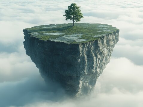 A solitary tree atop a floating rock formation surrounded by clouds.