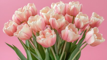 Obraz premium Delicate pink tulips bouquet against soft pink backdrop vibrant close-up floral arrangement with ample copy space for designs