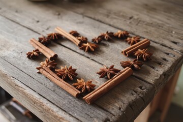 Heart shape made from cinnamon sticks and star anise on rustic table.