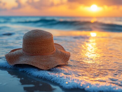 A straw hat rests on the beach as the sun sets over the ocean, creating a serene atmosphere.