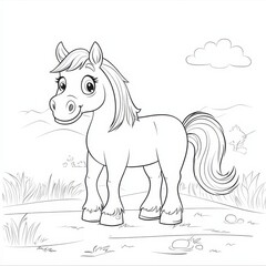 Adorable Pony Coloring Page: A charming pony with big eyes and a sweet smile stands in a field, ready for a splash of color.
