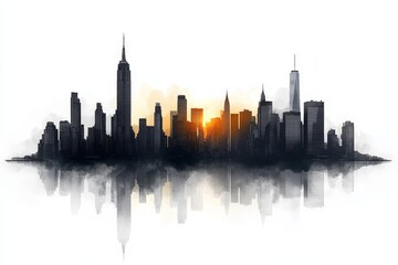 City Skyline Silhouette at Sunset - Urban landscape, sunset glow, city reflection, modern architecture, black silhouette.  Symbolising ambition, progress, dreams, beauty, and strength.