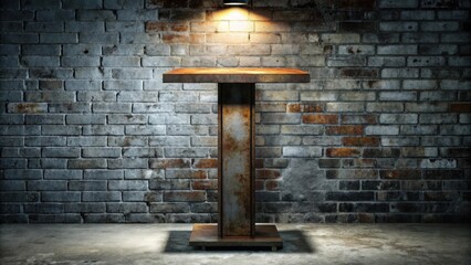 Rustic wooden tabletop on a rusted metal base against a brick wall with a spotlight above