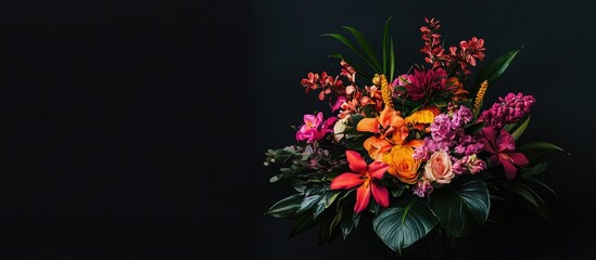 Colorful Floral Bouquet Arrangement on Dark Background with Space for Text or Branding in a Vibrant Flower Workshop Setting