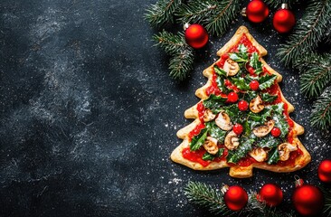 Christmas tree-shaped pizza on a dark background with copy space for text, top view. New Year food concept.Ai