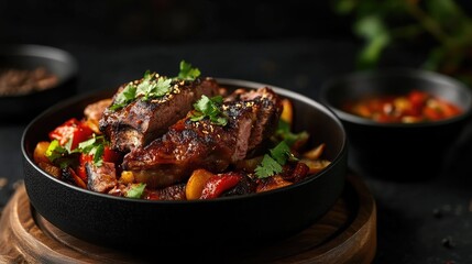 Fototapeta premium Eid Mubarak Celebratory Feast Roasted Lamb Leg with Vegetables and Herbs Close Up Gourmet Cuisine Dark Background