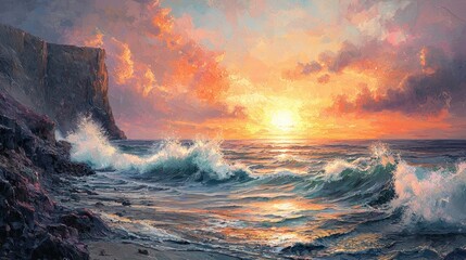 Fototapeta premium Dramatic Coastal Sunset with Crashing Waves and Cliff