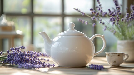 Elegant white teapot surrounded by fresh lavender flowers in a sunlit serene setting showcasing a tranquil tea time atmosphere.
