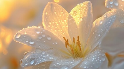 Fototapeta premium Raindrops glistening on white floral blooms under warm golden sunlight during sunset