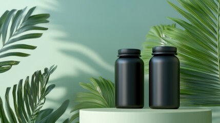 Fototapeta premium Black pill bottles mockup surrounded by tropical leaves in a minimalist design for promoting natural health and wellness products.