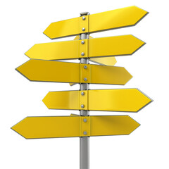 Yellow Signpost Directions: Multiple blank yellow arrow signs on a signpost, offering various directional choices.  A concept image ideal for illustrating choices, decisions, directions, options.