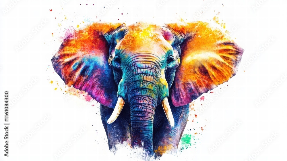 Poster Vibrant illustration of an elephant with colorful details and ample space for text or design elements. Generative AI