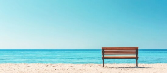 Obraz premium Tranquil beach scene featuring a wooden bench overlooking calm turquoise waters and clear skies perfect for relaxation and contemplation