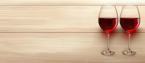 Elegant wine glasses filled with red wine on a rustic wooden surface with inviting space for text or branding related to wine events.