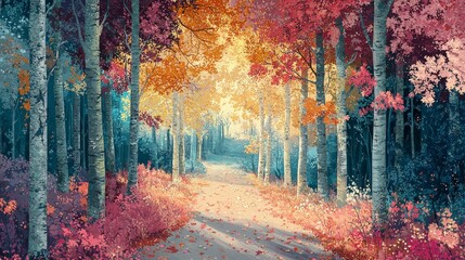 Autumnal Pathway Through Serene Birch Forest